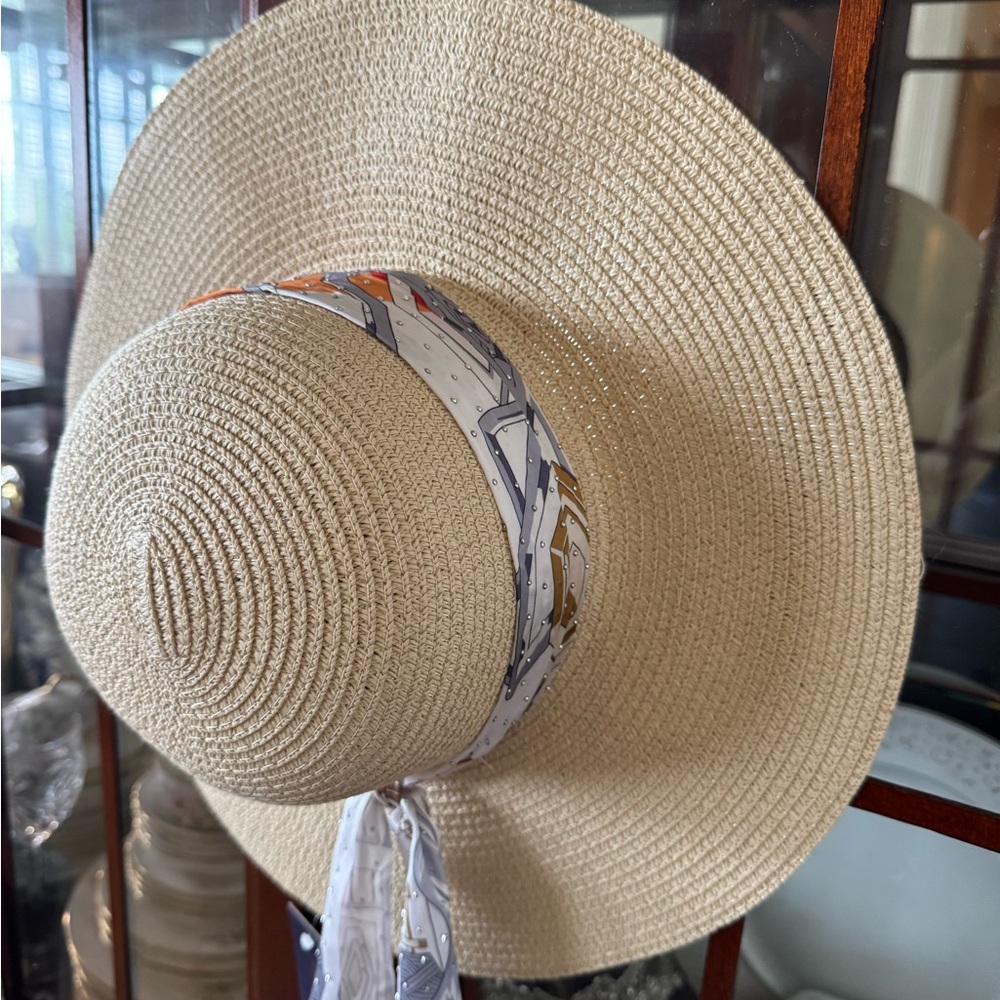 Adrienne Vittadini Cream Wide-Brim Hat with Patterned Band & rhinestones!